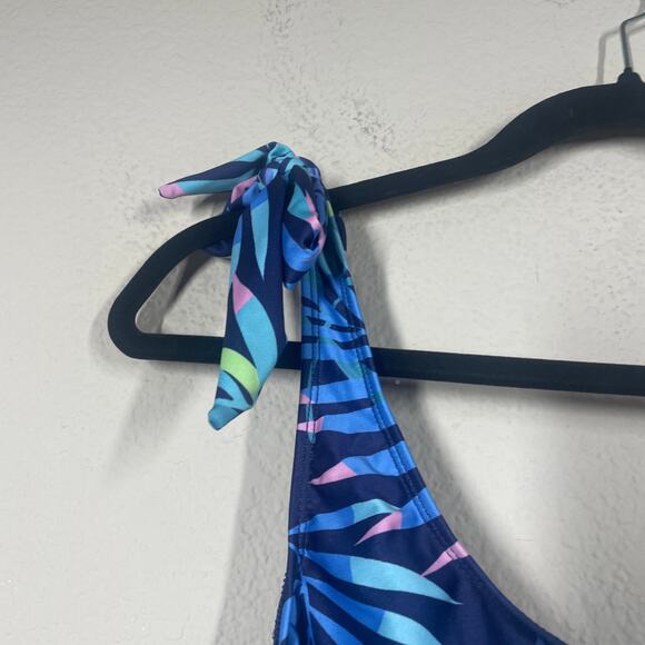 ModCloth 2X Tie Shoulder Bikini Top Swimwear Blue Tropical Palm Leaf - Picture 3 of 9